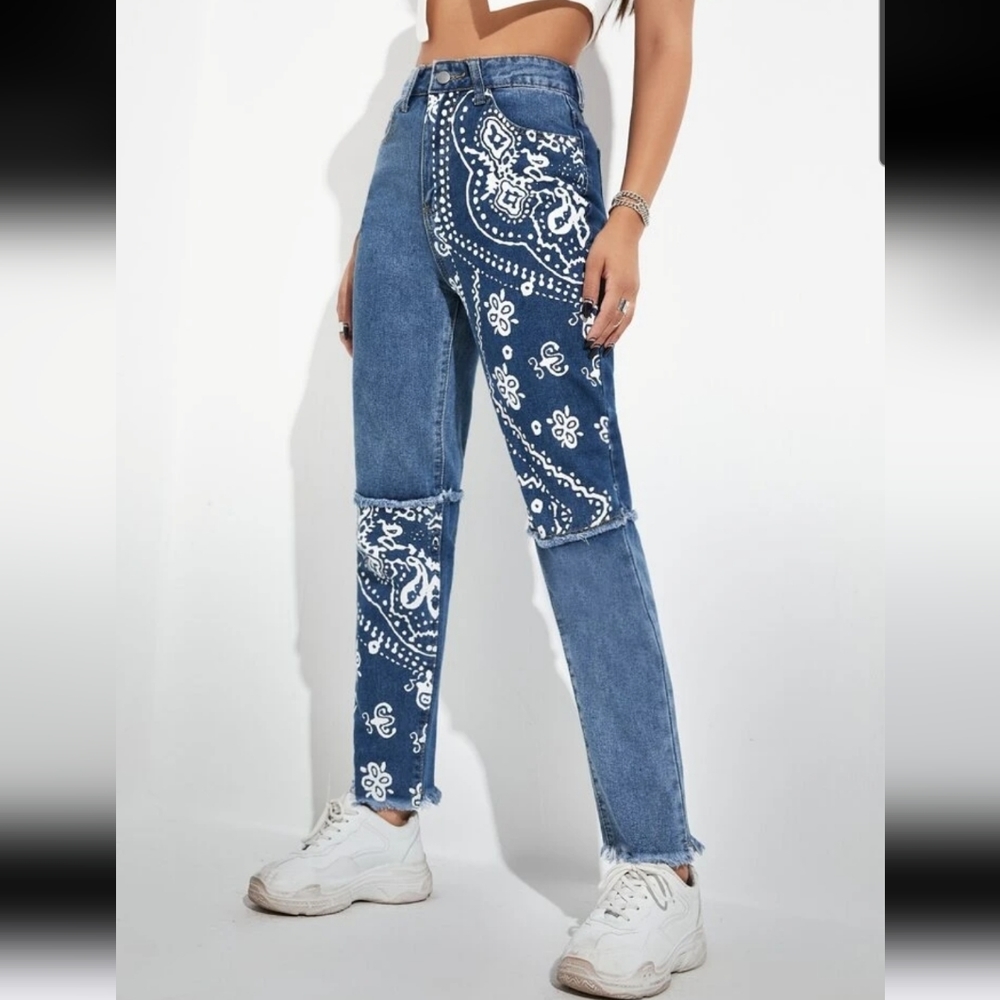 Paisley Print Patchwork Jeans Size Large Raw Hem Colorblock Denim Straight Leg - Picture 1 of 16